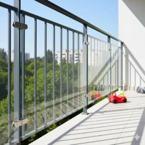 A clear Plexiglass or acrylic sheet attached to the inside of a balcony railing to create a solid, climb-proof barrier for toddlers.