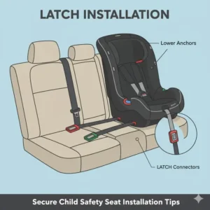 Clear diagram showing how to correctly connect the LATCH (Lower Anchors and Tethers for Children) connectors for a secure child safety seat installation tips.