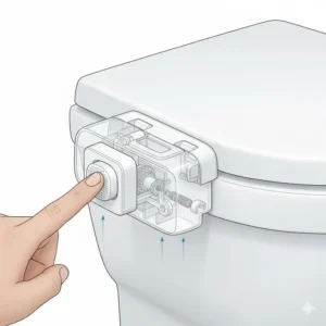 Diagram detailing the adult-friendly mechanism of a new baby proof toilet lid lock in the open or deactivated position.