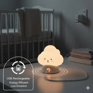 Animated graphic showing the simple USB charging process for a high-efficiency baby safe night lights low emission model.