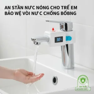 Image of a child-safe faucet with an external temperature limiter attachment, functioning as an anti scald device for bathroom faucets. 