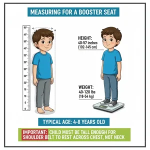 A graphic explaining how to measure a 4-year-old's height and weight to ensure they meet the minimum requirements for a booster seat, essential when choosing booster seat for 4-year-old.