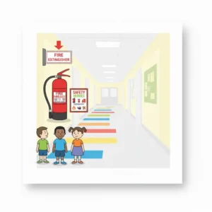 Wall-mounted fire extinguisher child friendly location in a school hallway, positioned for easy adult reach and immediate response.