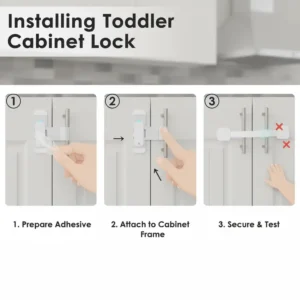 Step-by-step image showing how to easily install a no-drill cabinet latch for toddlers. 