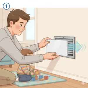 A step-by-step visual of how to easily install a magnetic cover exposed heating vents toddlers, over a metal wall for safety.