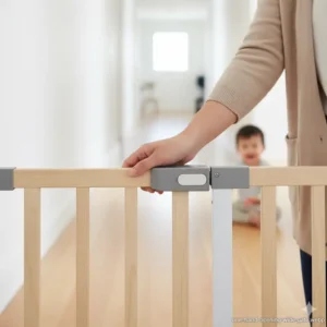A parent demonstrating the one-hand opening mechanism of the non toxic baby gates for wide openings latch. 