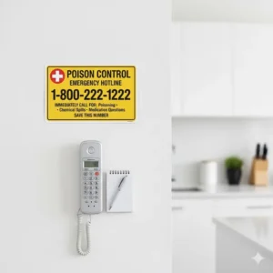A visual reminder of the national Poison Control Center hotline number prominently displayed near a phone, essential for incidents with bathroom cleaning supplies locked up.
