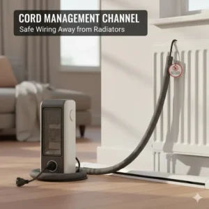 Using a floor cord management channel to keep electrical wiring elevated, illustrating protecting cords from heaters and radiators.