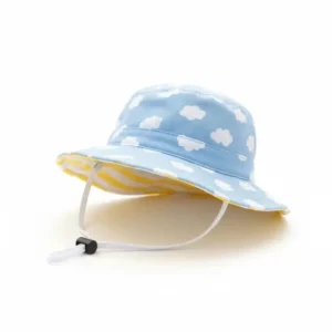 Image of a reversible sun safety hat for crawling baby, showing two cute, contrasting patterns.