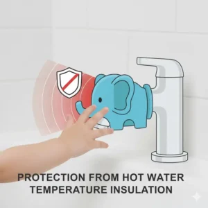 Illustration of a child's hand safely reaching toward a faucet, emphasizing how the safe baby bath spout cover insulates against hot water burns. 