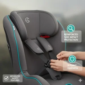 Detailed view of the safety features on a portable car seat, including reinforced side impact protection and a 5-point harness.