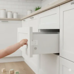 A U-shaped cabinet lock securing two adjacent kitchen cabinet handles, focusing on baby proofing kitchen drawers and doors. 