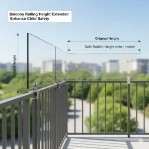 A diagram or image showing a method to extend the height of an existing low balcony railing, a key step in securing it for toddlers.