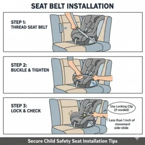 Step-by-step graphic demonstrating the proper seat belt path and locking clip use for child safety seat installation tips.
