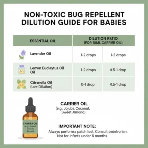 An infographic illustrating the dilution guide for essential oils when formulating non toxic bug repellents safe for babies.