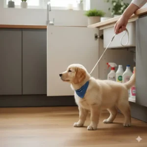 A small dog being safely directed away from an area containing stored bathroom cleaning supplies locked up.