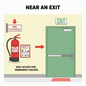 Proper fire extinguisher child friendly location placed close to an emergency exit in a commercial or public area.