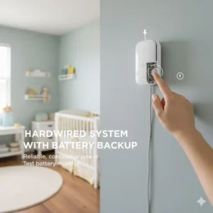 Checking the battery backup on a hardwired system for optimal smoke detectors placement in nursery.