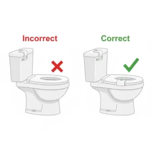 An image showing an incorrect placement of a baby proof toilet lid lock compared to the correct, effective placement.