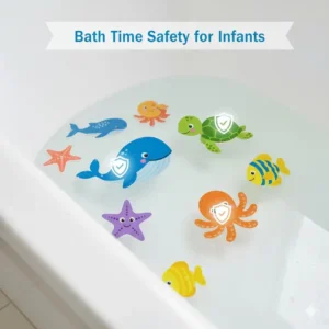 Set of bright, durable non slip tub decals for infants designed to prioritize bath safety. 