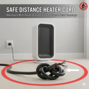 Illustration demonstrating the minimum safe distance required for power cords, key for protecting cords from heaters and radiators.
