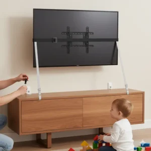 Organized image of hidden cables and cords after successfully securing the TV to the wall for a neat, baby-proof look for securing tv to wall baby proof. 