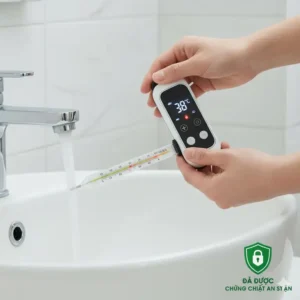 A hand using a thermometer to test water temperature from a faucet protected by an anti scald device for bathroom faucets. 