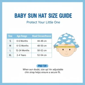 Sizing chart and measuring guide for selecting the correct sun safety hat for crawling baby size.