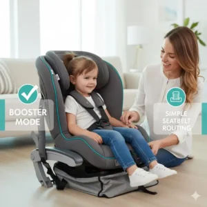 Image showing the simple transition of a compact travel car seat into a high-back booster seat for older children.