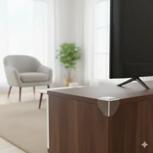 Furniture corner guards adhesive type securely placed on the sharp edge of a TV stand, illustrating effective childproofing for entertainment units. 