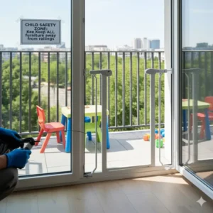 Image of a small chair or table moved safely away from the balcony railing to prevent a toddler from using it to climb.