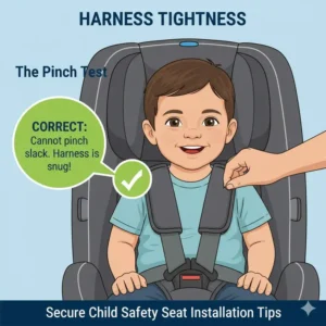 Image illustrating the "pinch test" to ensure the child safety seat installation tips harness is snug and properly adjusted over the child's chest.