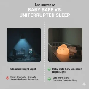 Visual comparison demonstrating the harsh light of a standard light vs. the gentle glow of a baby safe night lights low emission.