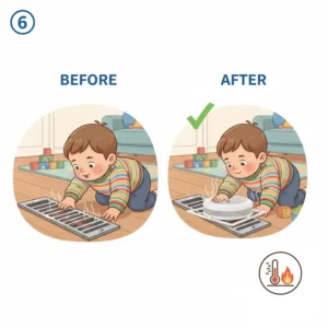 A side-by-side comparison showing an uncovered metal heating vent next to a completely cover exposed heating vents toddlers.