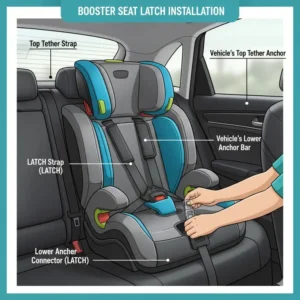 Image showing the LATCH system being used to secure a high-back booster seat, making the process of choosing booster seat for 4-year-old and installing easier.