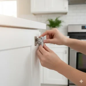 Transparent corner guards on kitchen countertop edges, contributing to overall baby proofing kitchen drawers and doors. 