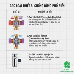 Comparison chart of the various types of anti scald device for bathroom faucets and showers. 