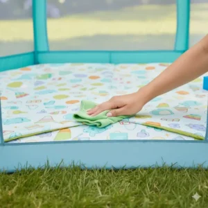 Focus on the easy-to-clean, durable, and non-toxic fabric floor of the playpen.