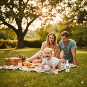 A family enjoying a backyard picnic, with a toddler safely playing while protected by effective, non toxic bug repellents safe for babies.