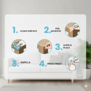 Step-by-step diagram showing how to easily install furniture corner guards adhesive type, from cleaning the surface to pressing firmly. 