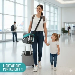 Parent comfortably carrying the lightweight best compact travel car seat using the attached shoulder strap through an airport terminal.