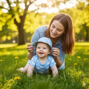 Mom gently placing the sun safety hat for crawling baby on her happy infant before going outside to play.