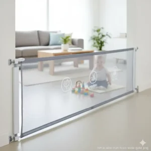 A white mesh retractable non toxic baby gates for wide openings fully extended across a large living room archway. 