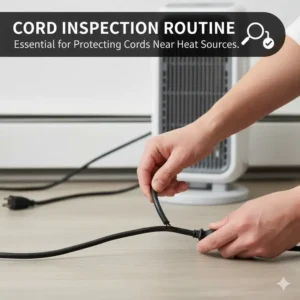 Person carefully inspecting an electrical cord for cracks or fraying, an essential step in protecting cords from heaters and radiators.