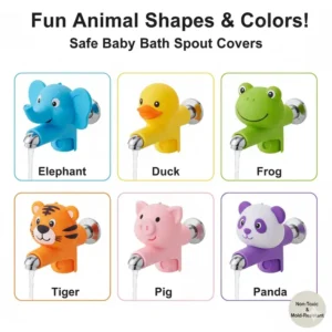 Collage displaying various fun animal shapes and colors of safe baby bath spout covers available for purchase. 