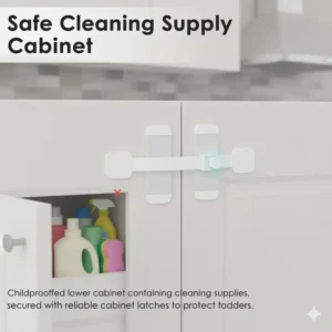 Childproofed lower cabinet containing cleaning supplies, secured with reliable cabinet latches to protect toddlers. 