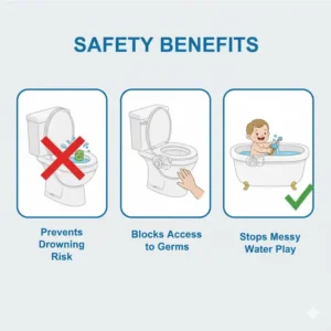Graphic emphasizing the safety benefits of using a baby proof toilet lid lock, preventing water play and access to harmful germs.