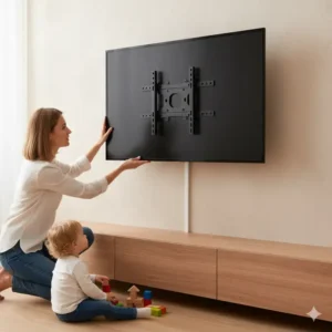 Using furniture anchors and straps to secure a large TV on a stand, preventing tipping hazards for babies and children for securing tv to wall baby proof. 