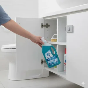 A bottle of toilet bowl cleaner kept in its original, securely latched container inside a locked cabinet, keeping bathroom cleaning supplies locked up safely.