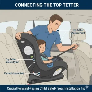 A parent securing the top tether strap for a forward-facing child safety seat installation tips, a crucial part of the process.